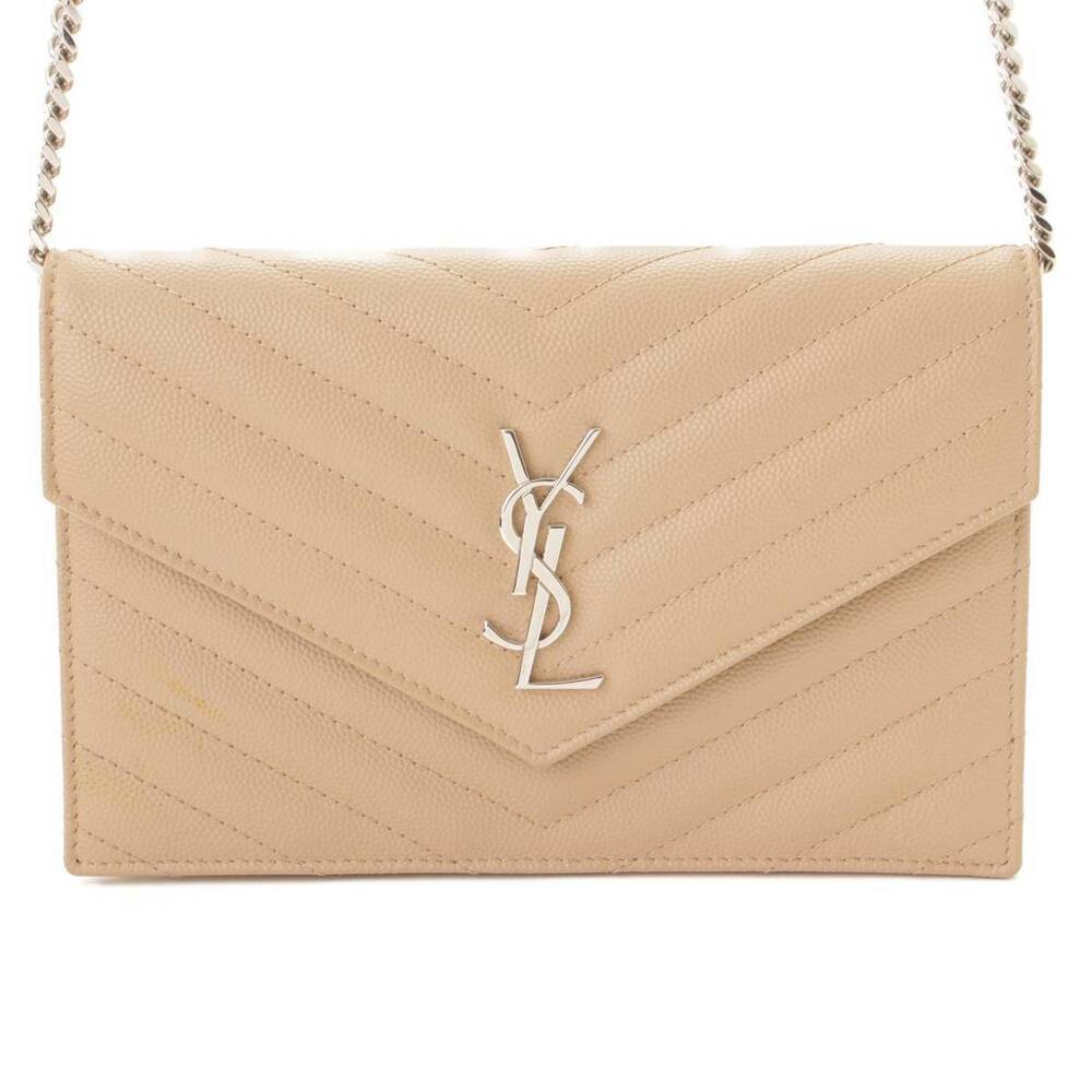 Saint Laurent Monogram Leather Chain Wallet Shoulder Bag Beige